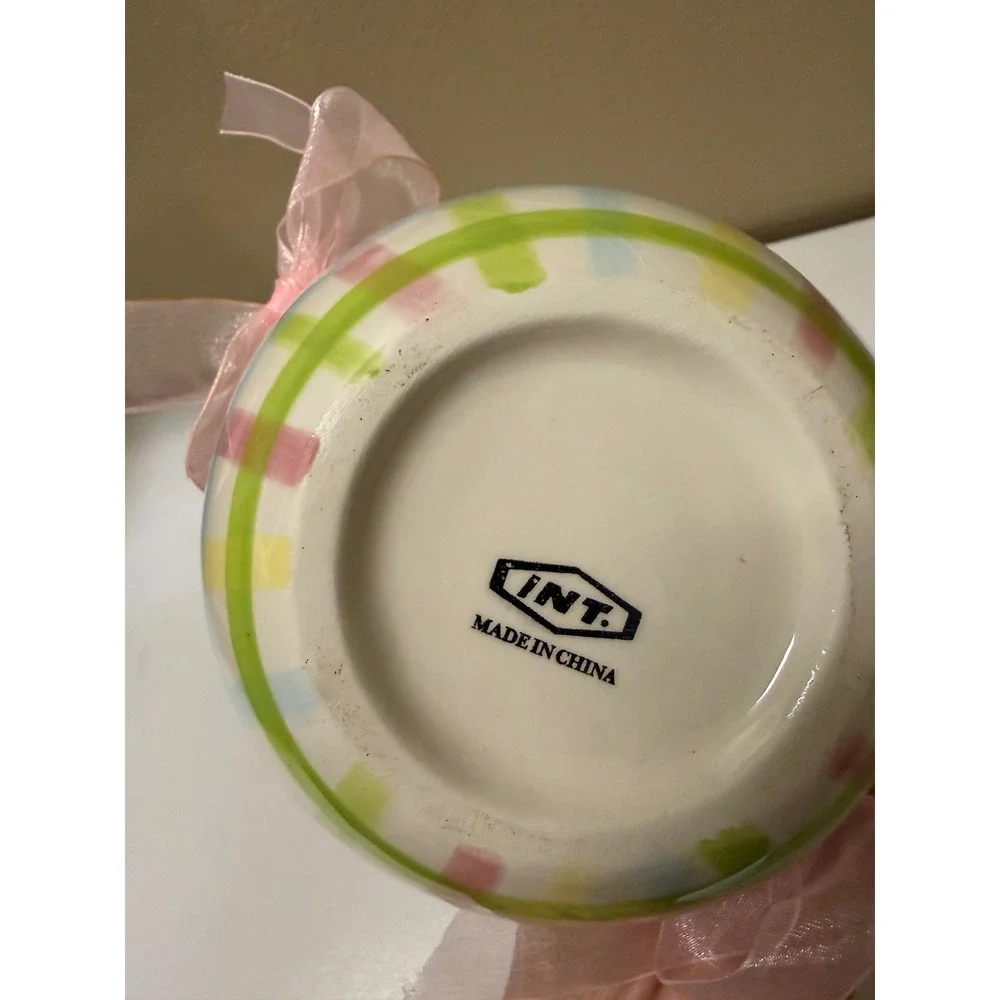 INT. Ceramic Easter Basket Pastel Plaid Pink Ribbon Flower Handle Spring Decor